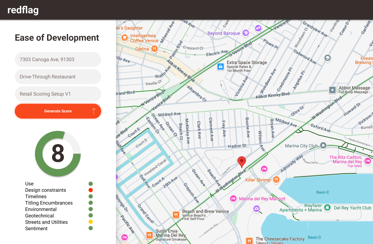 Site with Redflag development score, mapped.