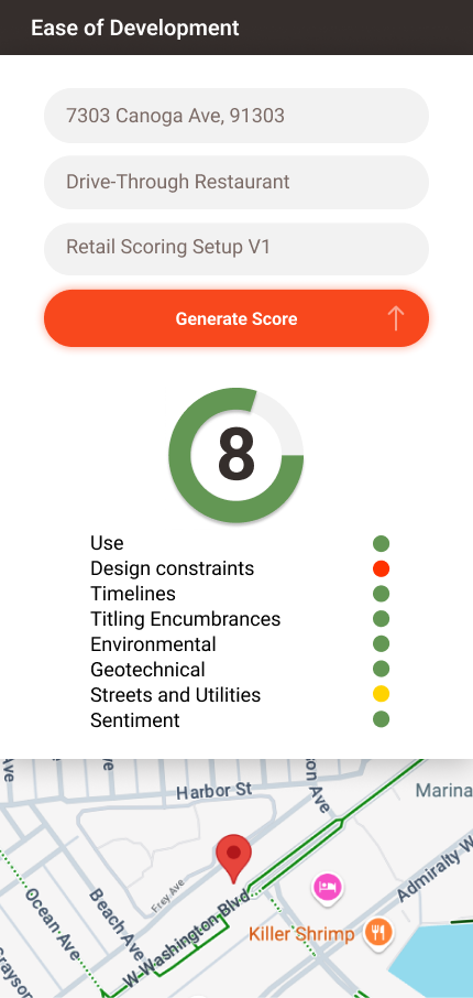 Site with Redflag development score, mapped.