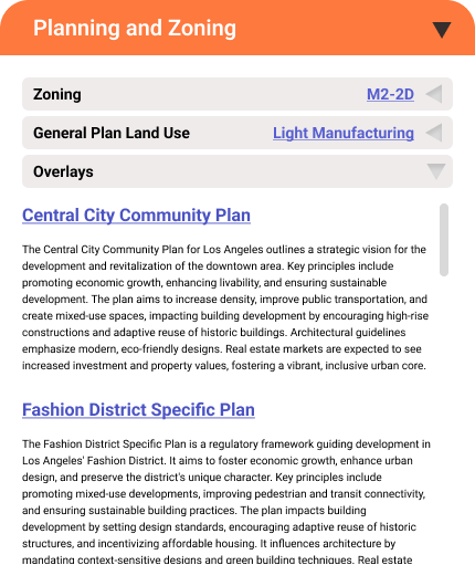 Screenshot showing relevant zoning data and summaries of that data