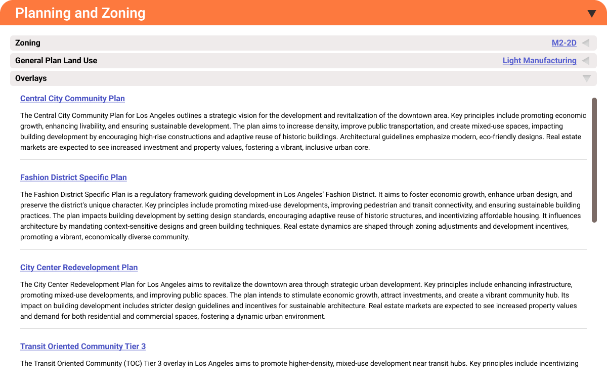 Screenshot showing relevant zoning data and summaries of that data