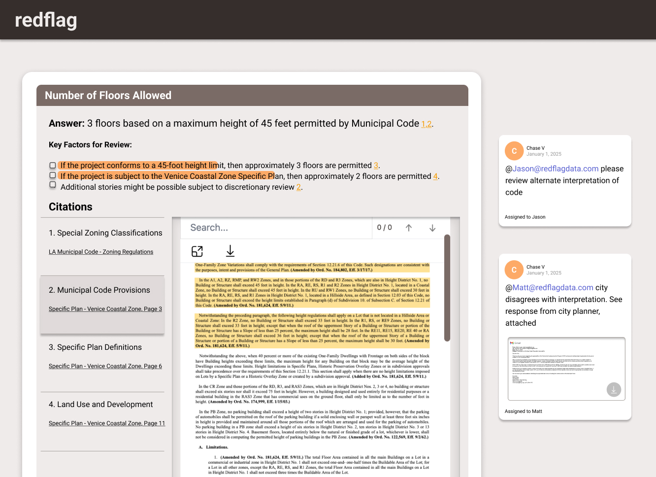 Users adding sidebar comments on a zoning answer.
